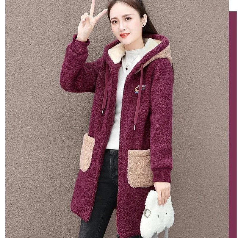 

Autumn Winter Mid-Length Hooded Coats with Pocket Autumn Winter Warm Casual Coats Sweatshirts New Plush Thick Lamb Velvet Jacket