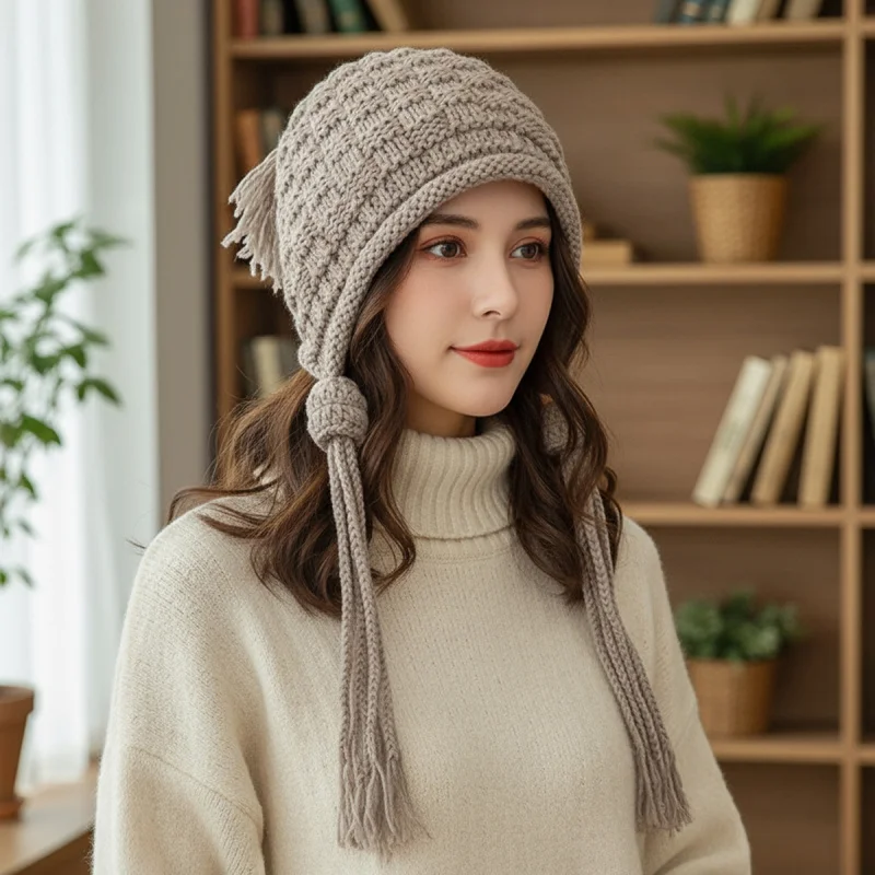 Women'S Winter Earflap Beanie Warm Stylish Solid Color Tassel Design Windproof Hat Lightweight, Do Not Wash