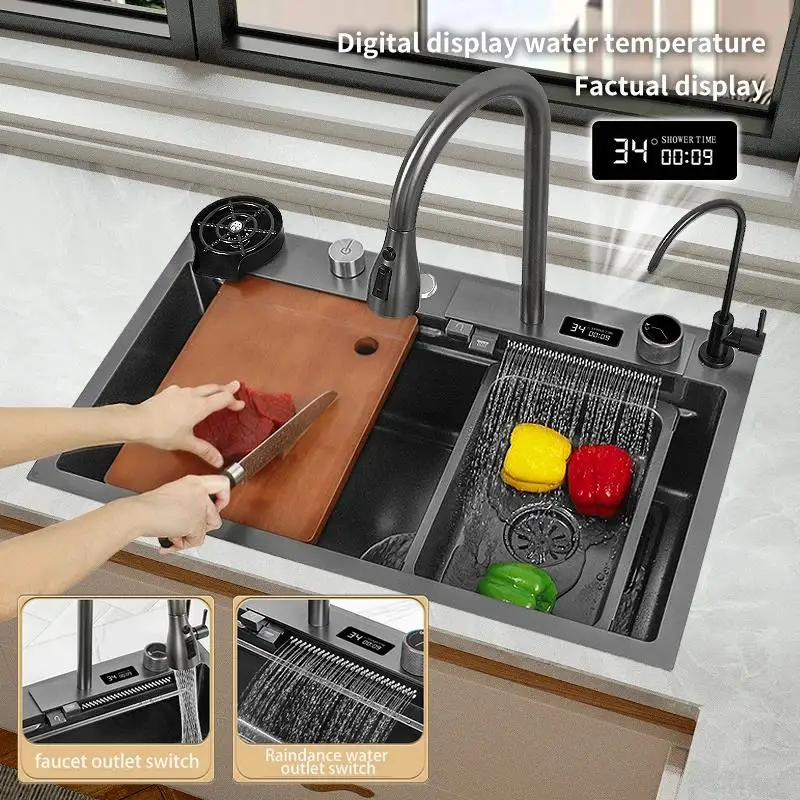 

Digital Display Black Waterfall Faucet Kitchen Sink Stainless Steel Large Single Sink Wash Basin With Soap Dispenser Cup Washer