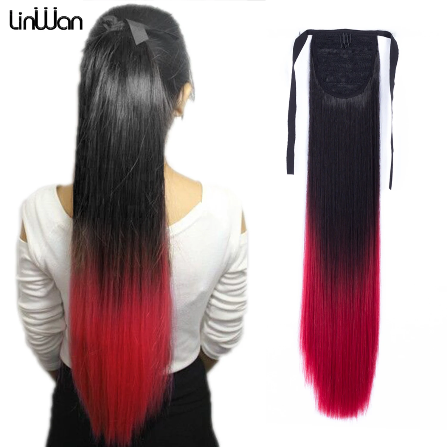 

linwan Synthetic Ponytail Long Straight Wine Red Blonde Pony Tail Hair Extensions Heat Resistant Horsetail Hairpiece