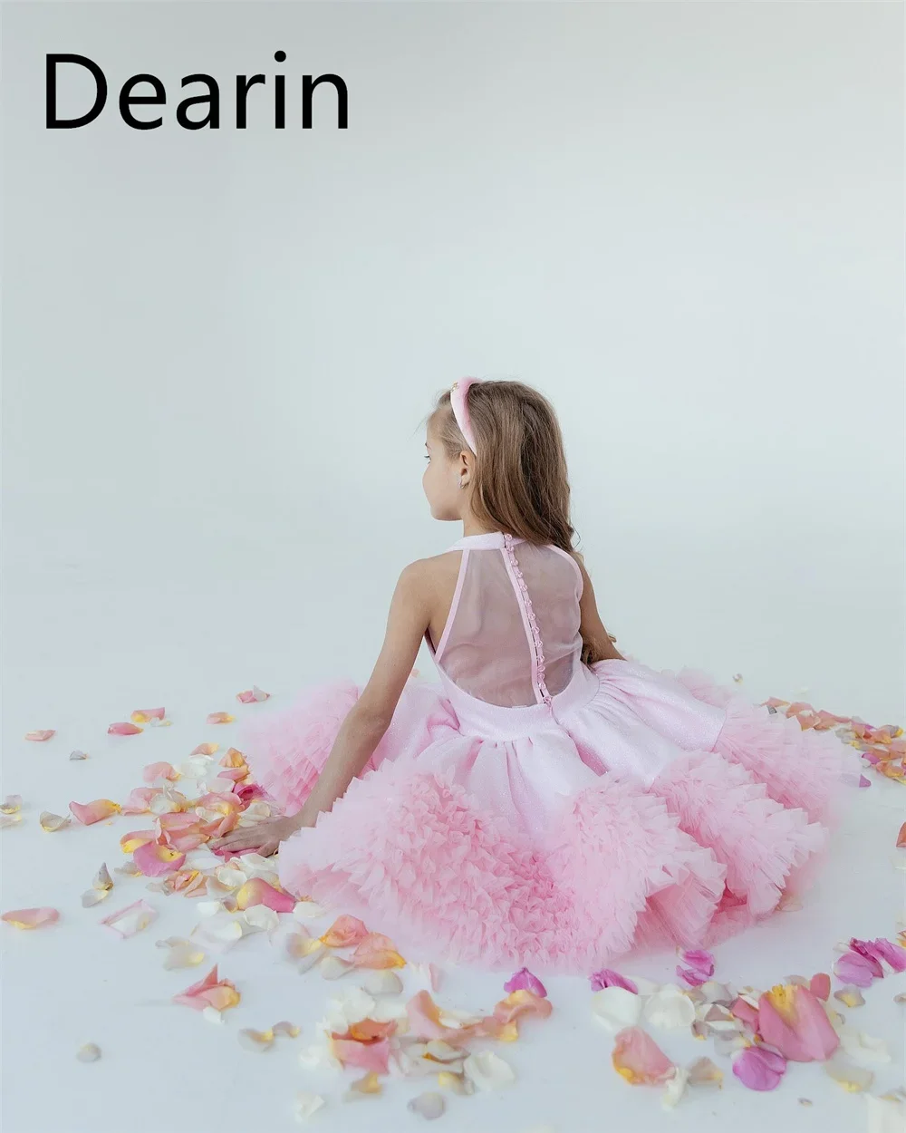 Vestido de niña de flores personalizado Dearin Jewel A-line hasta la rodilla faldas doblez vestidos en capas