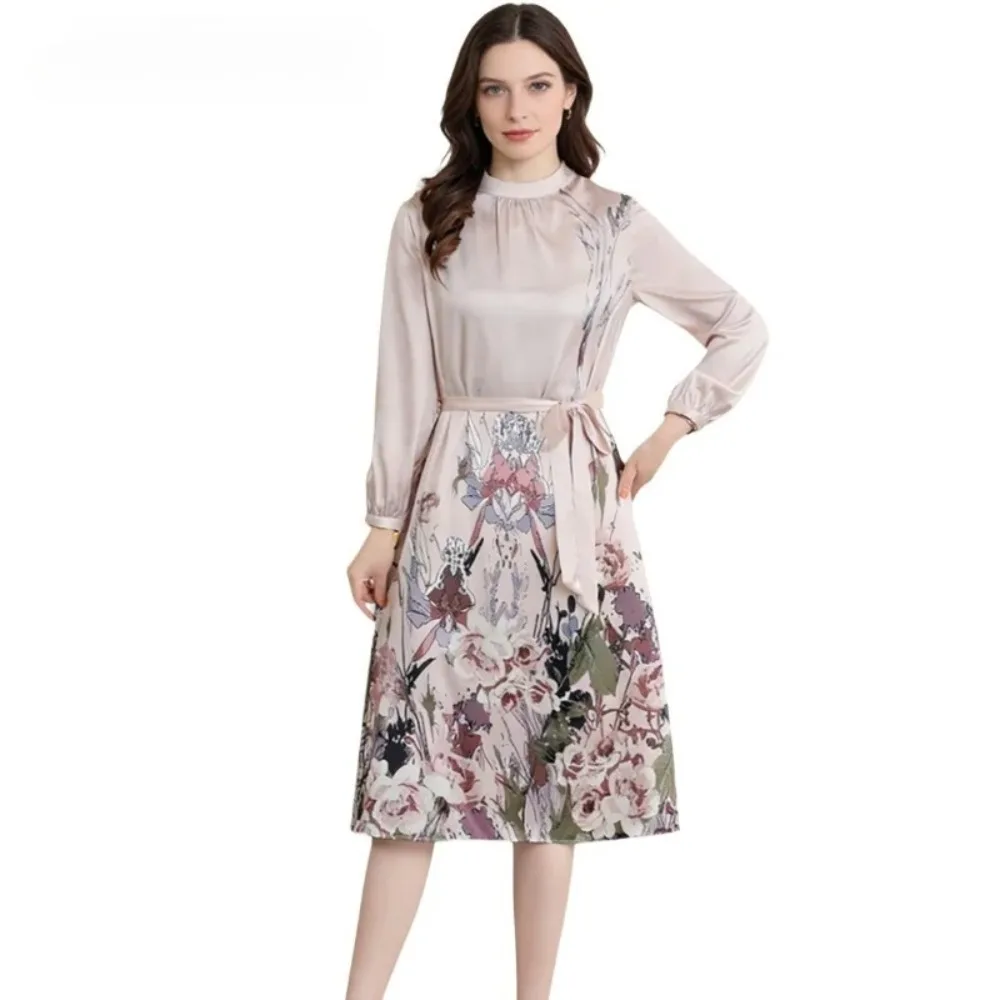 2026 Women's Fashion Spring/Autumn New 91.8% Natural Mulberry Silk Elastic Satin Stand-up Short Sleeve Printed Party Dress