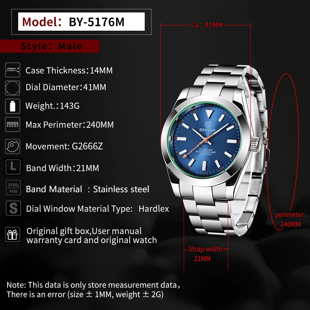 2026 New BENYAR Men's Automatic Mechanical Watch Business Sports Luxury Men's Watches 50M Waterproof Clock Relogio Masculino view 5