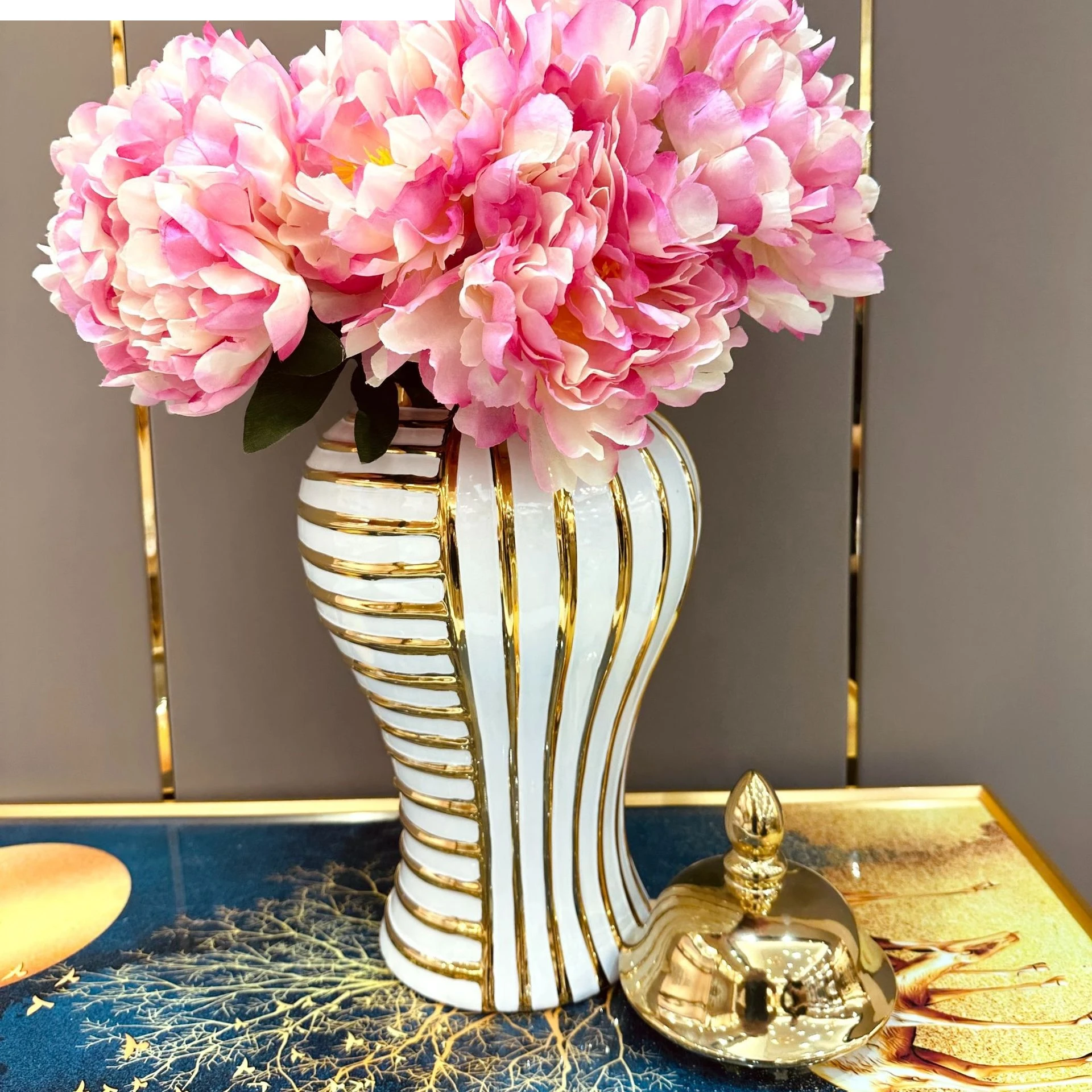 Geometric Transverse Fringe Golden Ginger Jar Ceramic Storage General Can Floral Arrangement Accessories Home Decoration