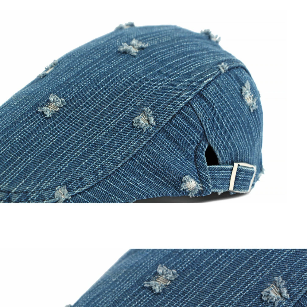 HT5099 Herren- und Damen-Baskenmütze, Retro-Künstlermütze aus Baumwolle, Verstellbare Ivy-Flatcap für Männer und Frauen, Frühling-Herbst Denim-Baskenmütze – Detail 5