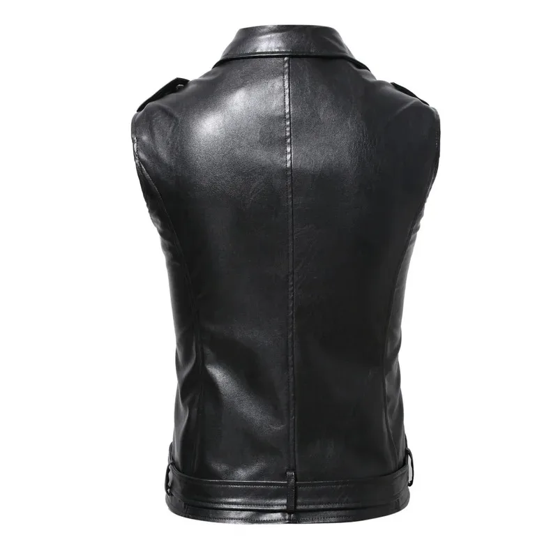 Men Vest Black Biker Motorcycle Hip Hop Waistcoat Male Leather Punk Zipper Sleeveless Leather Vest Slim Casual Black Vest