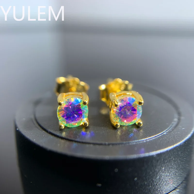 925 Sterling Silver Colorful Rainbow Total 0.6CT Moissanite Earring Studs for Women Fine Jewelry Engagement Wedding Diamond Gift