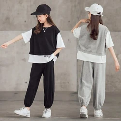 Fashion Kids Clothes Girls Summer Contrast Sleeve Fake 2 Pieces Top & Sport Trouser 2 Pieces Suit Teenage Girl Letter Tracksuit