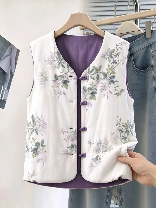 Retro Chinese Style Cotton Linen Print Vest Women's Winter Zen Style Buttonless Sleeveless Warm Top V-neck Loose Fit