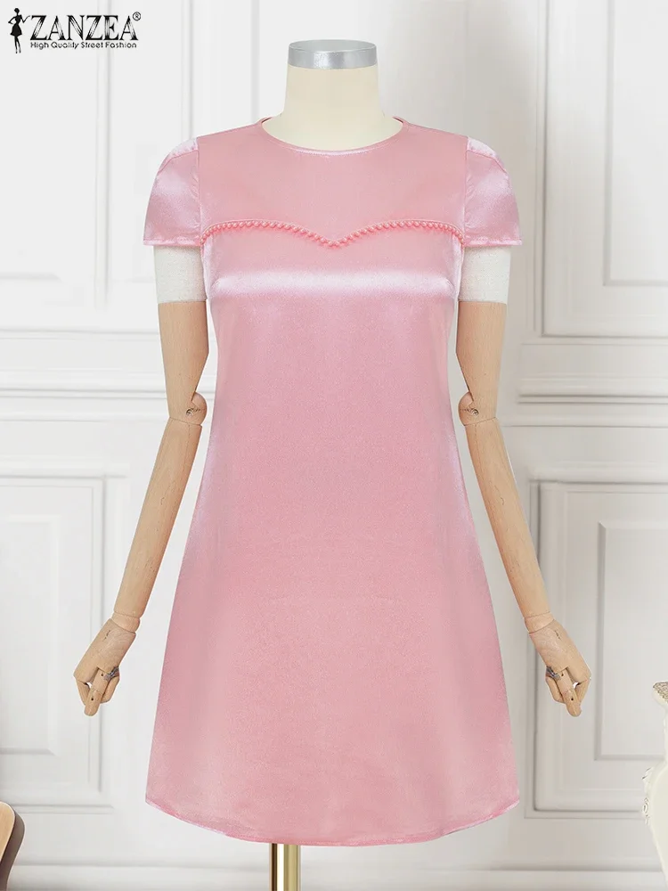 ZANZEA Summer Elegant Satin Mini Dresses Women Party Vestidos 2025 Fashion Silk Short Sleeve Solid Sundress Sexy Club Robe Femme