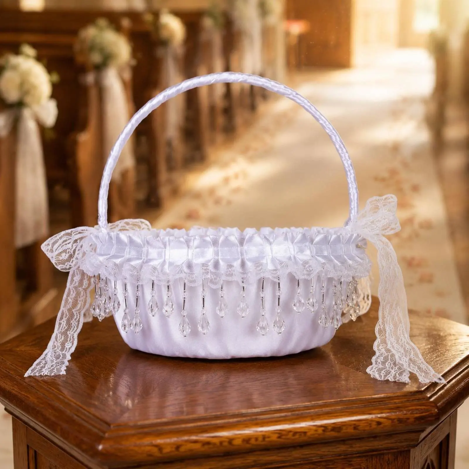 Flower Girl Basket Decorative Tassel Satin Lace Basket for Ceremony, Reception