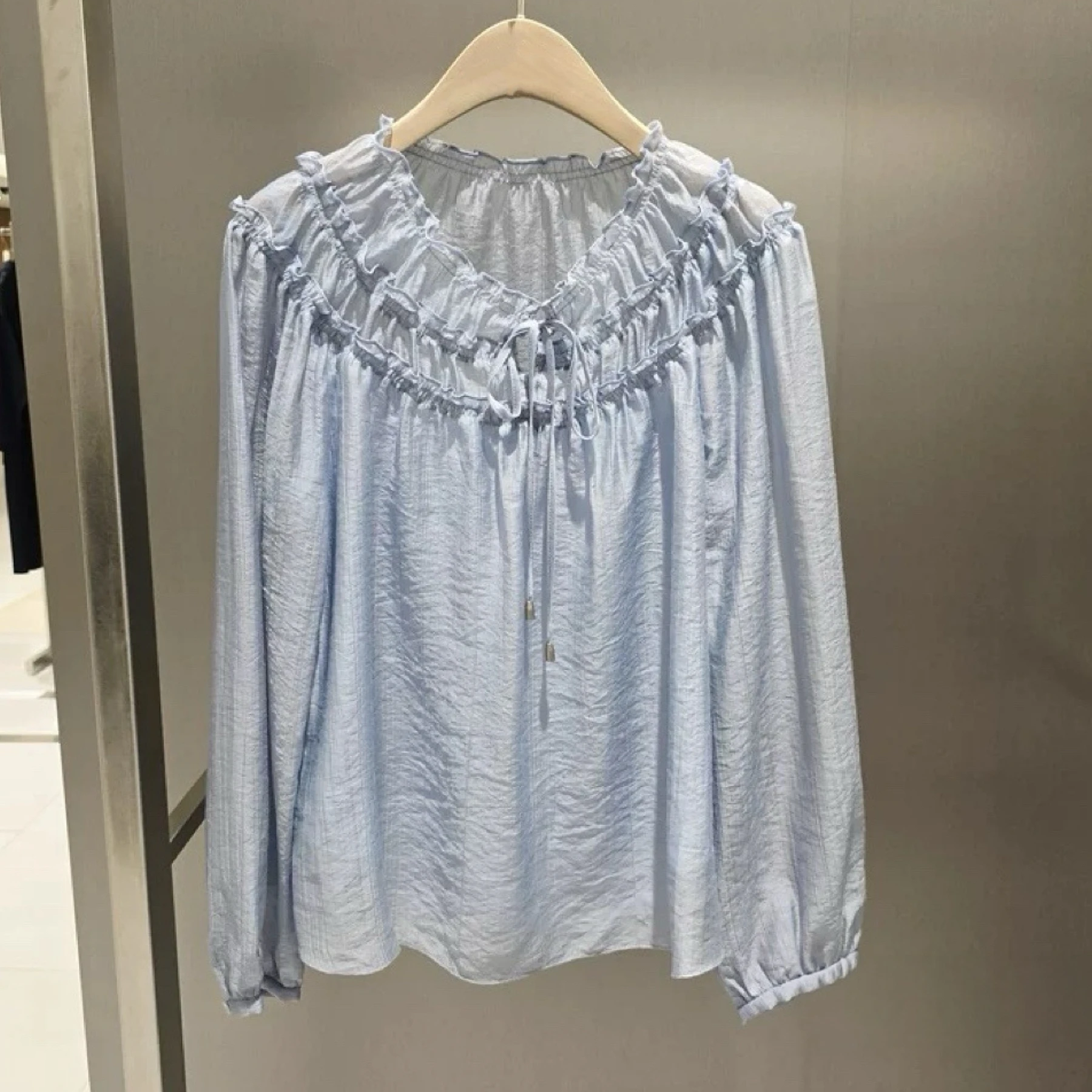 

Lemon Cheese Spring High Quality Lin26 Women's Shirt round Neck Loose Fit Tunic with Bow Tie Versatile Gauze Design