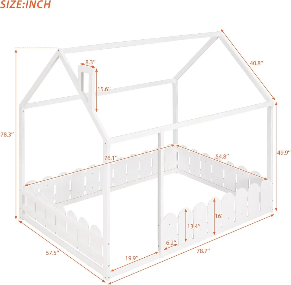 Montessori Bed Frame Full Size/House Frames, House Floor for Kids, Montessori Floor with Fence, Door and Chimney