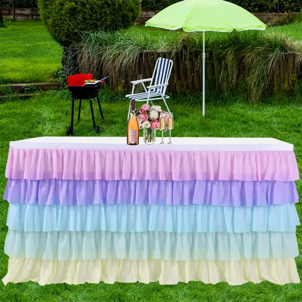 Jupe de table à volants multicouches, table rectangulaire, tables rondes, réutilisable, document arc-en-ciel nickel é, fêtes de plage