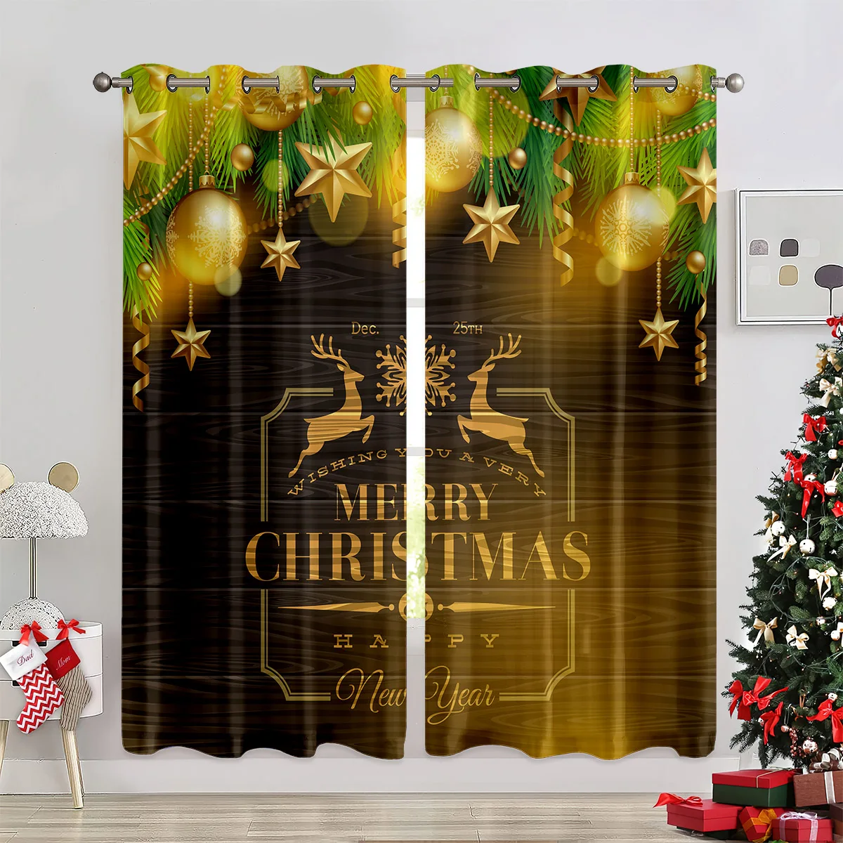 2pcs Vintage American-Style Christmas Print Curtains—New Year's Gift And Festive Holiday Decor For Children's Rooms.