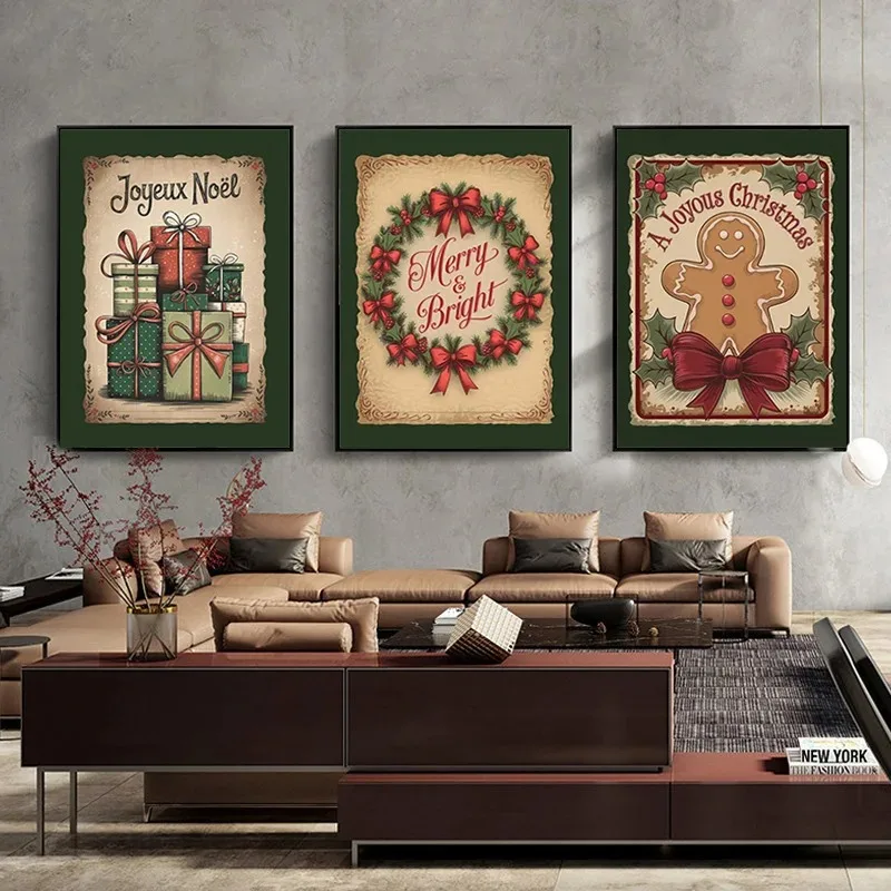 3pcs frameless Canvas Painting Vintage Christmas Gift Decoration Posters Red Wreath and Gingerbread Man Wall Art Canvas Painting