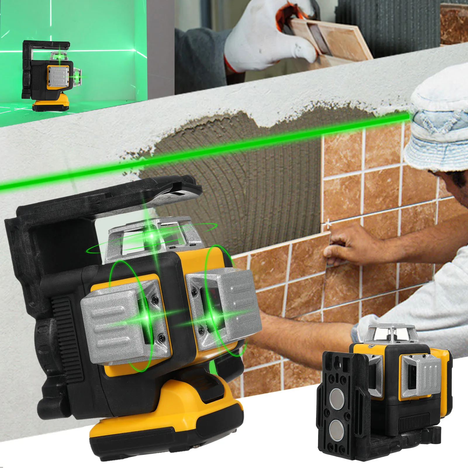 12 خطًا مستوى ثلاثي الأبعاد التسوية الذاتية 100 قدم خارجي قوي في الداخل مستوى خط شعاع أخضر 3x360 °   أداة المستوى الرأسي الأفقي لـ Con