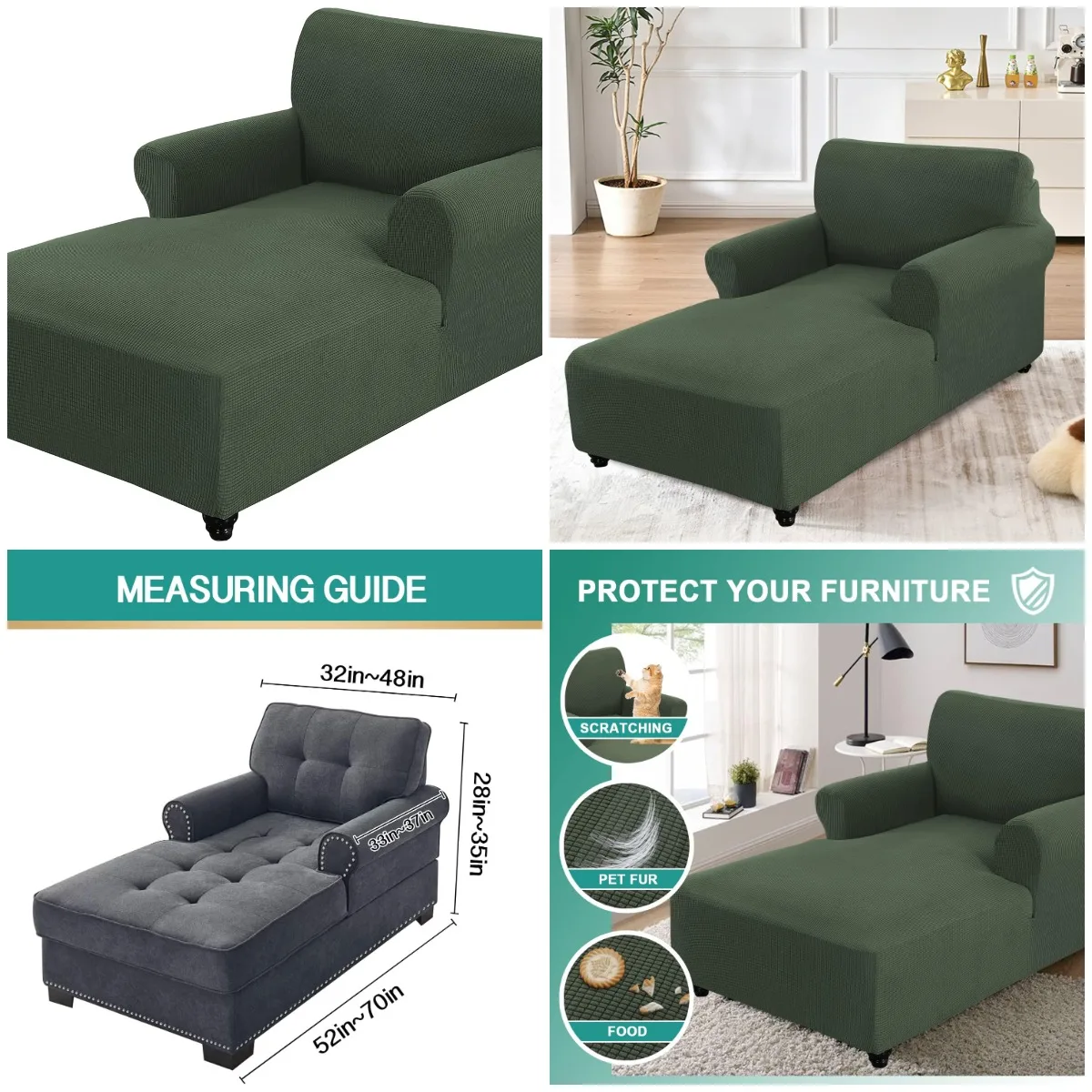 

Fitted Chaise Lounge Slipcover - Stretch Washable Couch Cover with Double Arm (Patina, Small Checks)