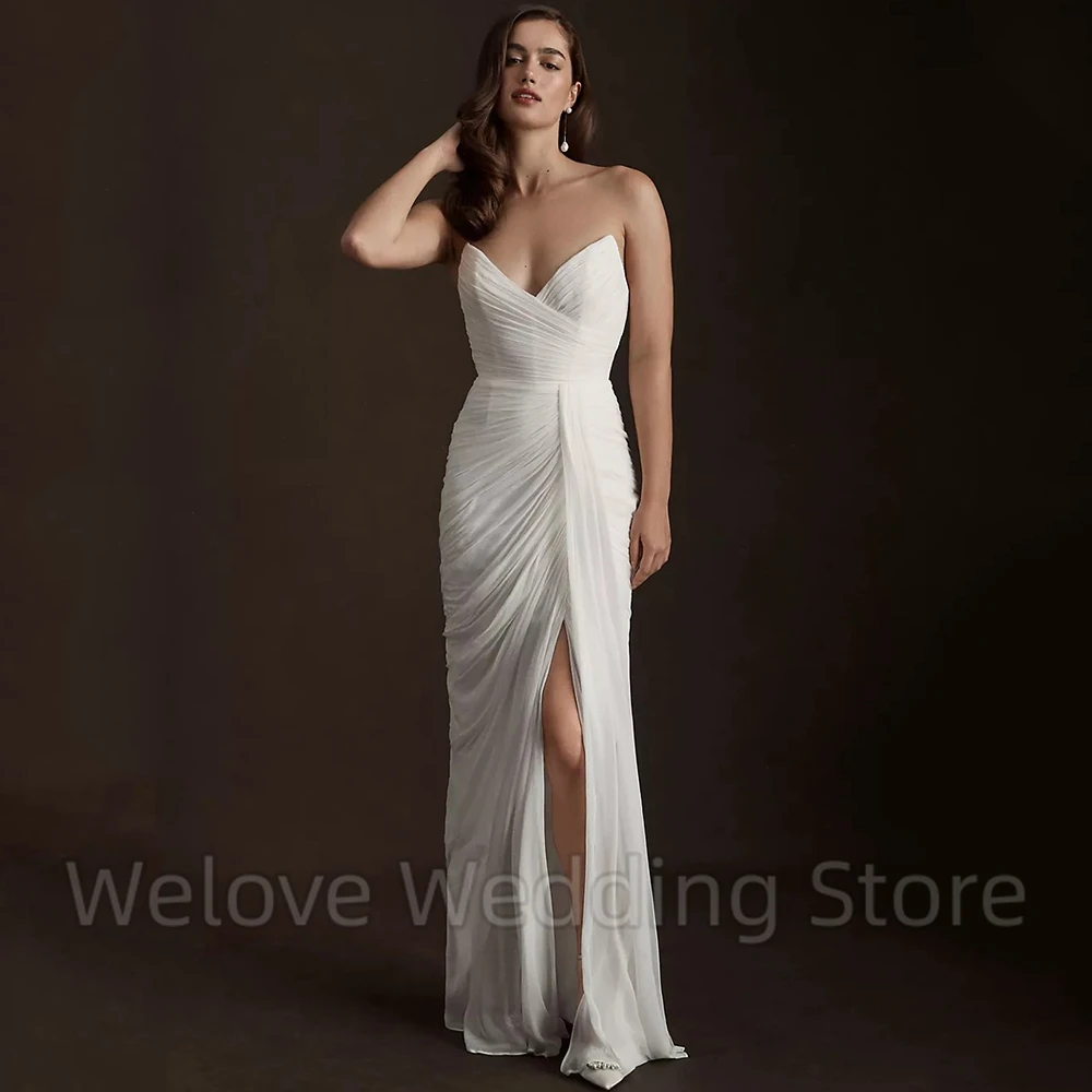 Robe de mariée classique en mousseline de soie, col en v, sans bretelles, sans manches, Sexy, dos ouvert, droite, fente latérale, longueur au sol, robe de mariée civile