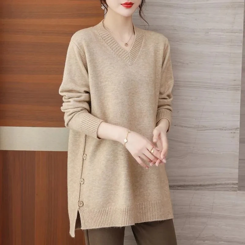 Women Clothes Pullovers Autumn Winter 2024 New Knitted Undershirt Sweater Plus-size V-neck Midi Loose Color All-match Jumper