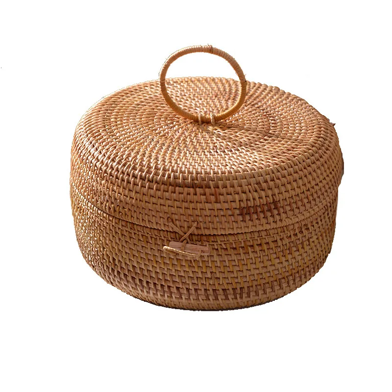 Round Rattan Boxes with Lid Hand-Woven Multi-Purpose Wicker Tray Apple Shape Storage Box Picnic Food Bread Table Storage Basket