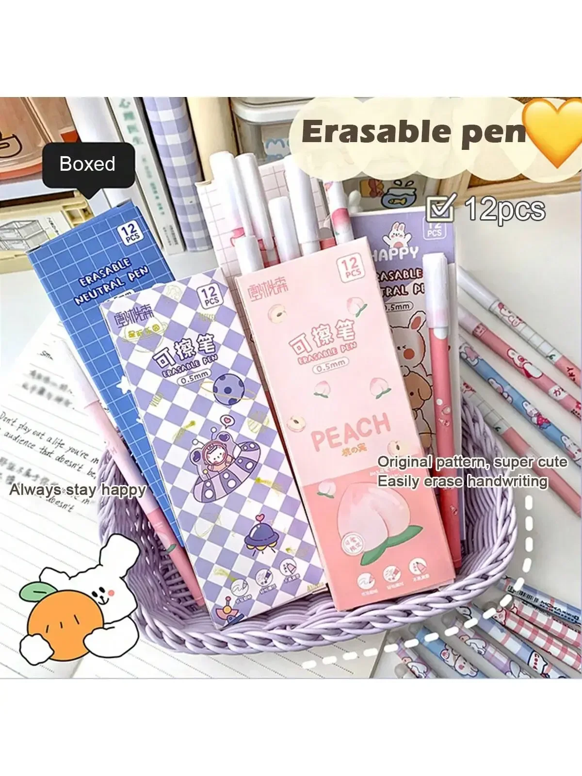 12pc/box Hot Erasable Pen 0.5 Needle Tube Head Cartoon Crystal Blue Friction Easy To Wipe Student Brush Question Wipe Pen