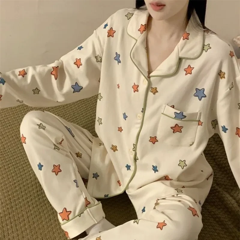 Women Pajamas Spring Autumn Long-Sleeved Student Casual Loungewear Two-Piece Suit Female Sweet Leisure Loose Nightclothes Sets