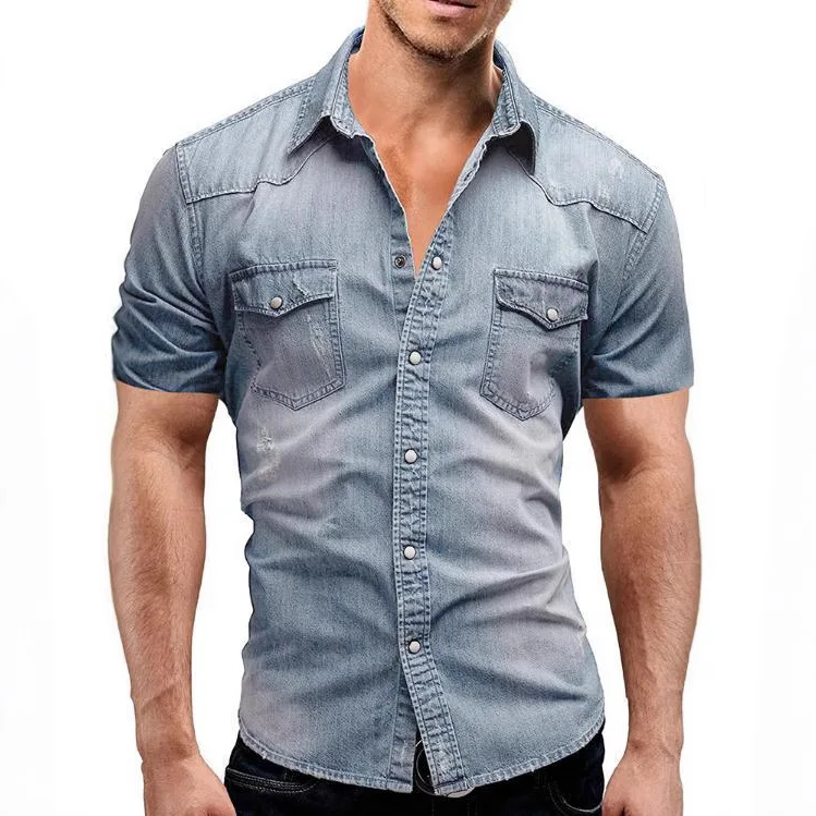 2025 summer new solid color men's denim short sleeved shirt casual plus size