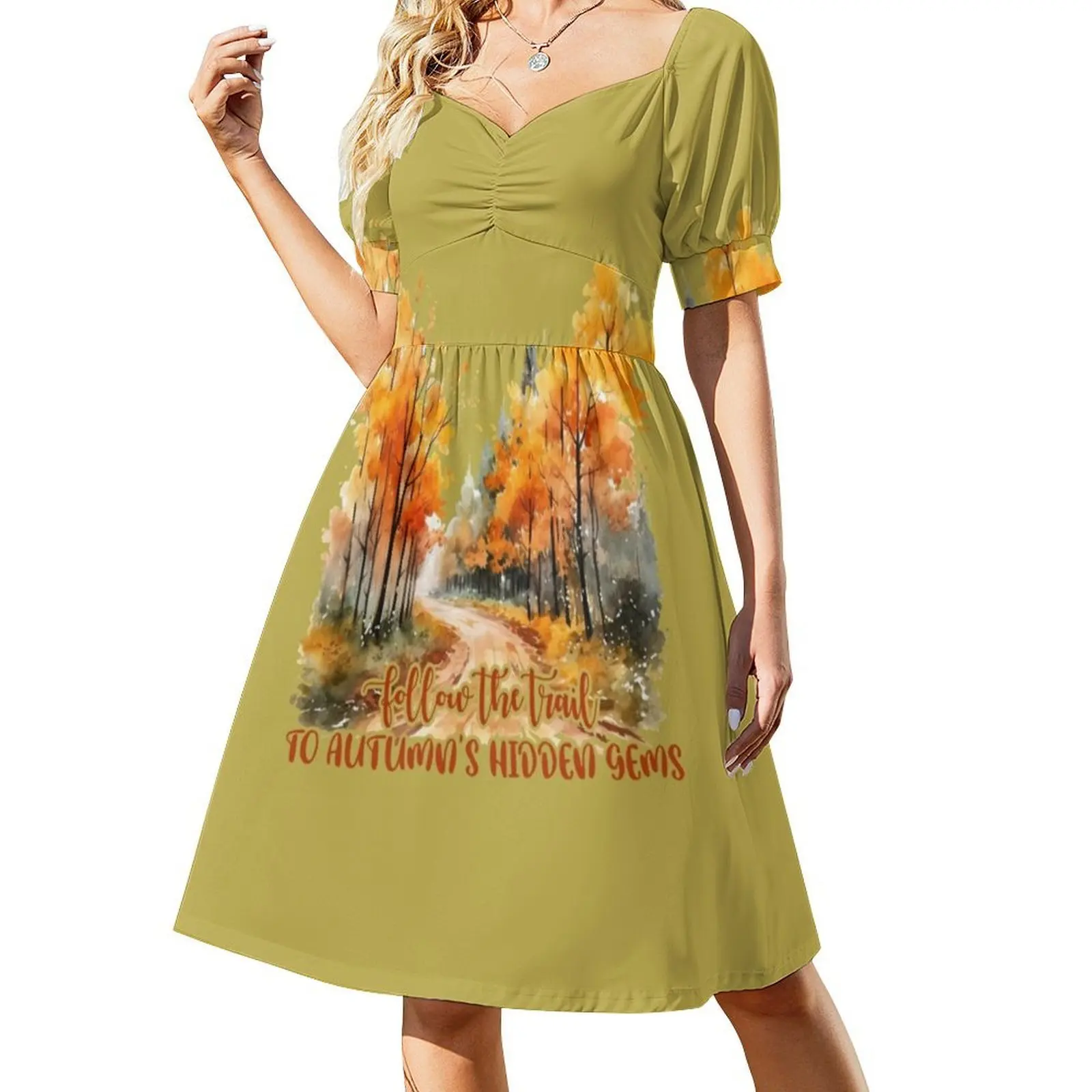 اتبع درب إلى فستان الخريف المخفي ذو العنق على شكل قلب فستان أنيق للحفلات الصيفية للنساء لخريف الخريف باللون الأصفر #2