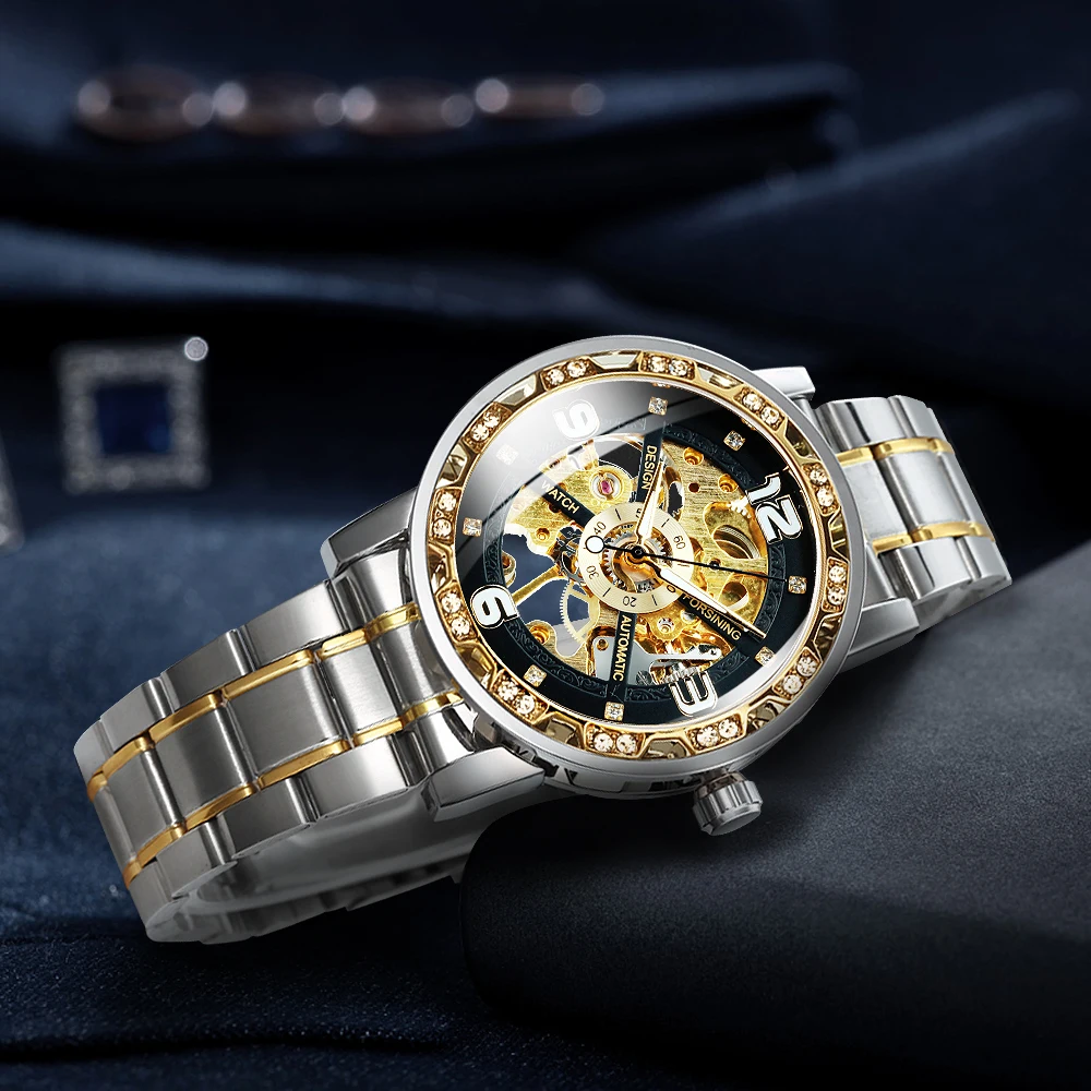 Forsining الساعات الميكانيكية الفاخرة مضيئة الأيدي الرجعية الذهب الهيكل العظمي ساعة للرجال الفولاذ المقاوم للصدأ حزام الأعمال ساعات المعصم