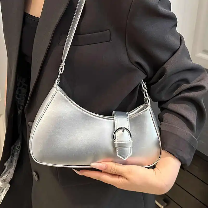 

French Elegant Underarm Bag Solid Color PU Zipper Button Women Shoulder Bags Fashion Versatile Simple Lady Handbag