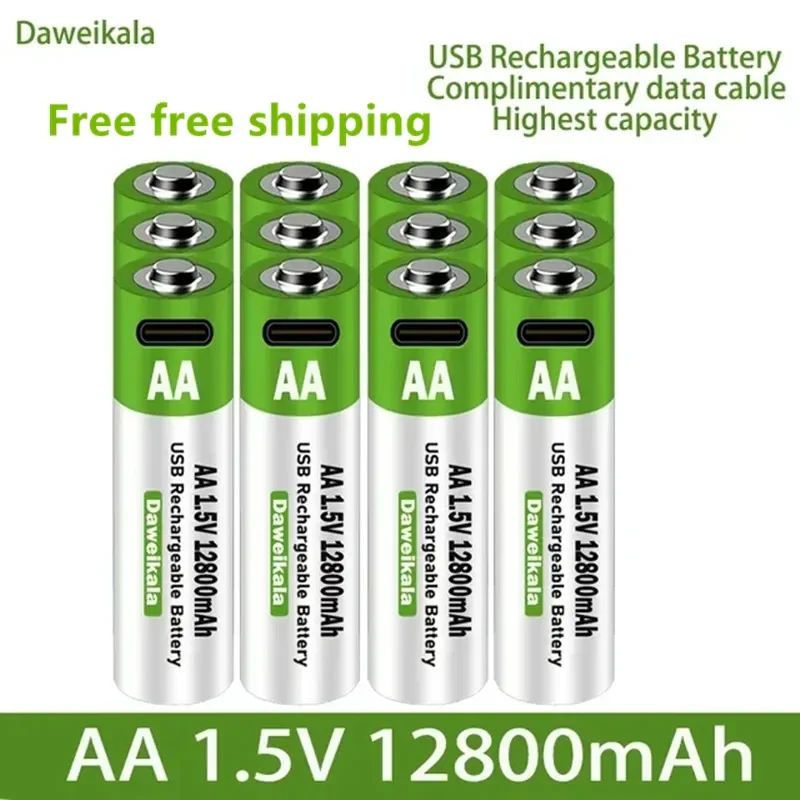 2024 New 1.5V USB AA Rechargeable Battery 12800 mAh Li-ion Battery for Remote Control Mouse Electric Toy Battery + Type-C Cable