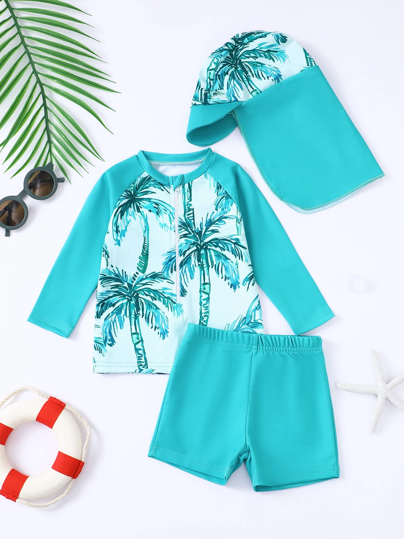 Baby Boy Long Sleeve Swimsuit Set with Shorts And Hat Infant Aquatic Outfit Includes Headwear for Younger Children