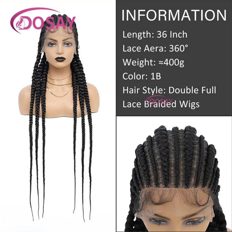 36 "Wig Renda Kepang Cornrow Wig Kepang Depan Renda Sintetis untuk Wanita Kulit Hitam Wig Kepang Kotak Tanpa Simpul Rambut Afrika Kepang