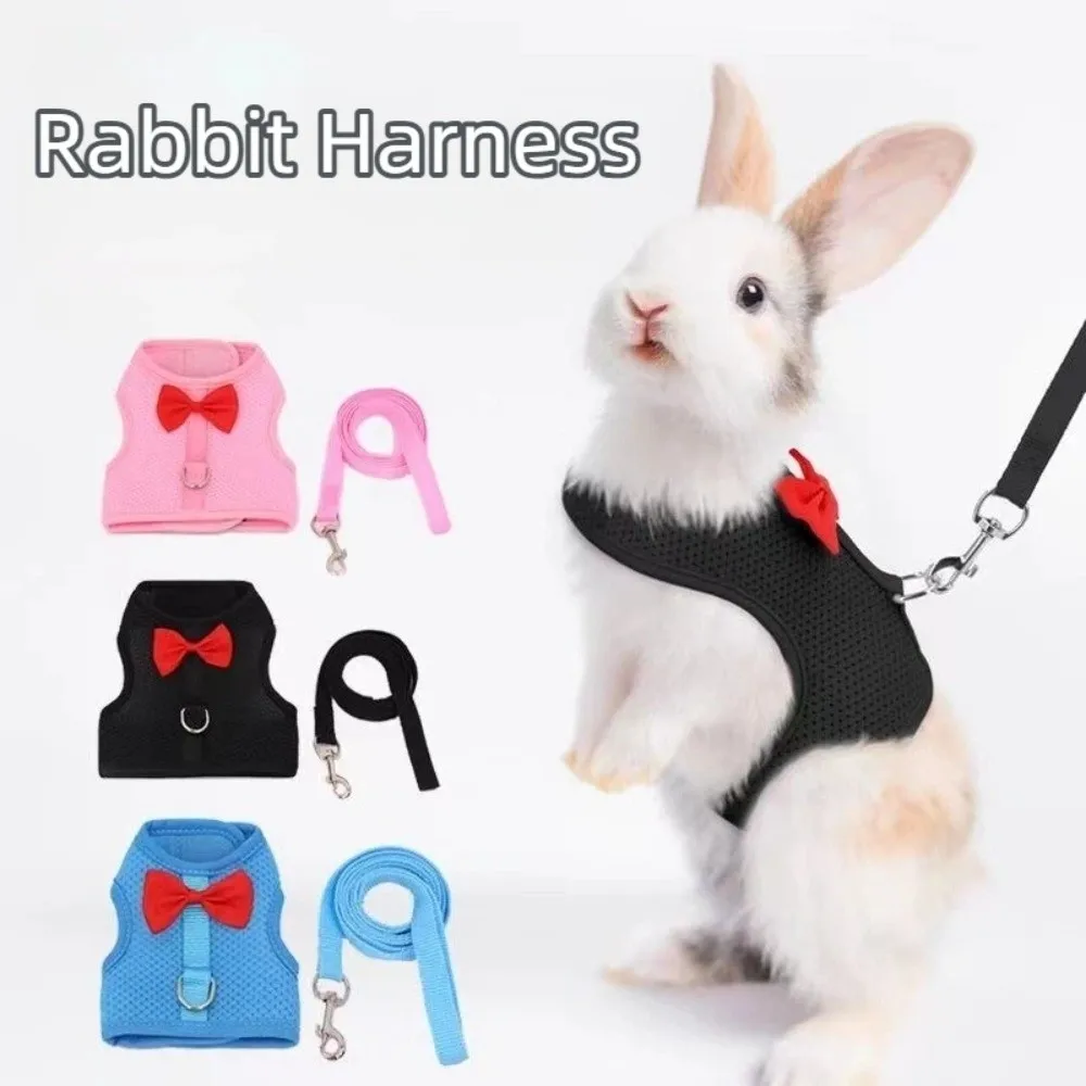 Polyester Bunny Harness Leash Breathable Escape-Proof Rabbit Harness Vest Adjustable Size Bowtie Training Rope Small Pets Use