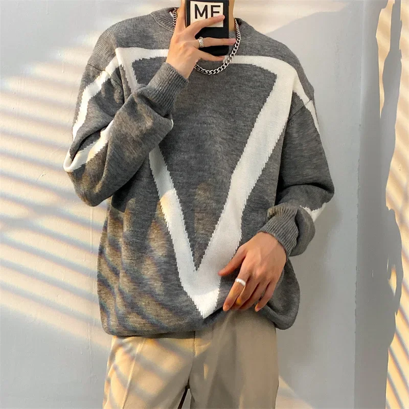 2022 Autumn Winter Sweater Men's Japanese Vintage Color Blocking Trendy Brand Ins Casual Hip Hop Versatile Round Neck Knitted To