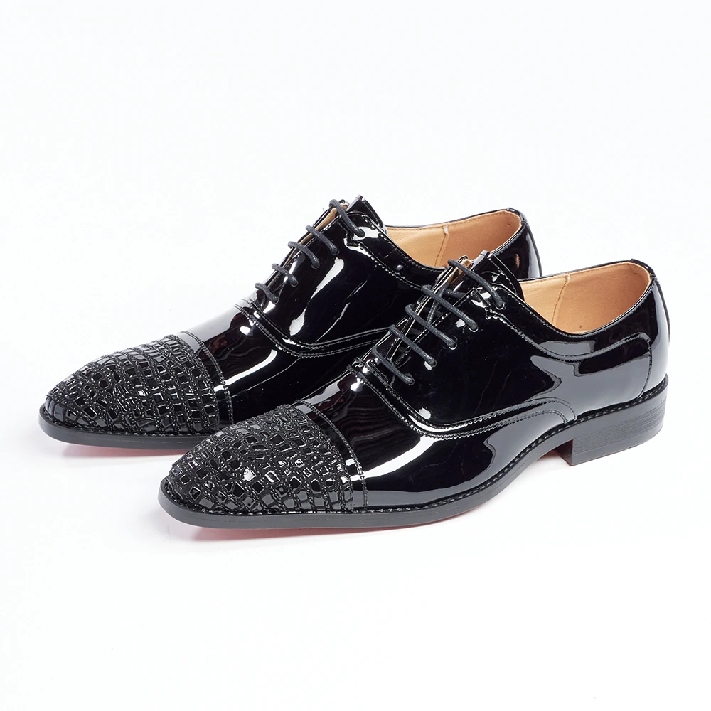 Black Studded Patent Leather Men Formal Shoes Luxury Lace Up Business Derby Shoes Comfort Handmade Oxford Formal Wedding Shoes