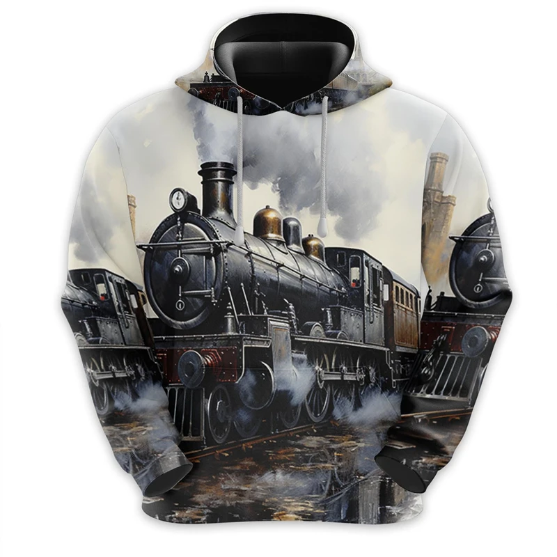 Vintage Steam Train Pattern Hoodies Fashion Autumn Long Sleeve Mens 3D Printed Hooded Sweatshirt Loose Streetwear Kids Pullover