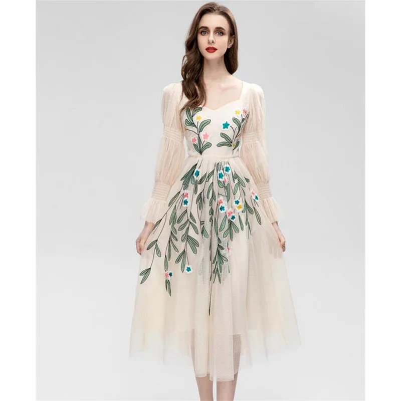 

Women Dress 2023 High Quality Spring Summer Runway O Neck Long Sleeves Embroidery Mesh Dresses NP1907Y