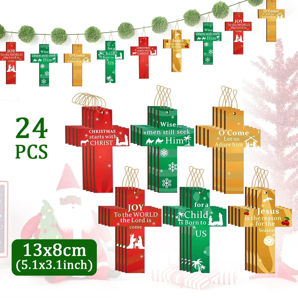 24Pcs/Set Christmas Tree Pendant Baptism Prayer Cross Wooden Pendant Hanging Atmosphere Party New Year Home Christmas Decoration