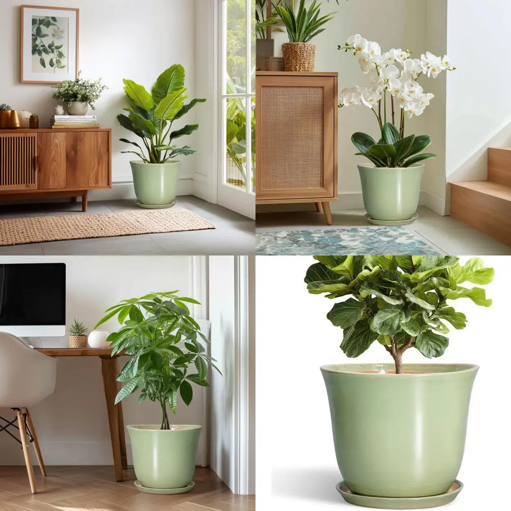 

Круглый цветочный горшок 12 дюймов с дренажным отверстием и поддоном, подходит для использования в помещении и на улице, большой зеленый кашпо для дома и сада