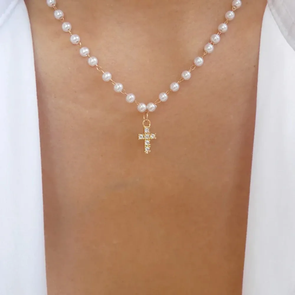 Vintage Multilevel Artificial Pearl Chain Transparent Crystal Pendant Necklace For Women Girls Fashion Gold-plate Trend Jewelry