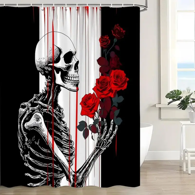 skull holding red roses shower curtain gothic romance art design for dark bathroom decor with hooks Elevate Your Space