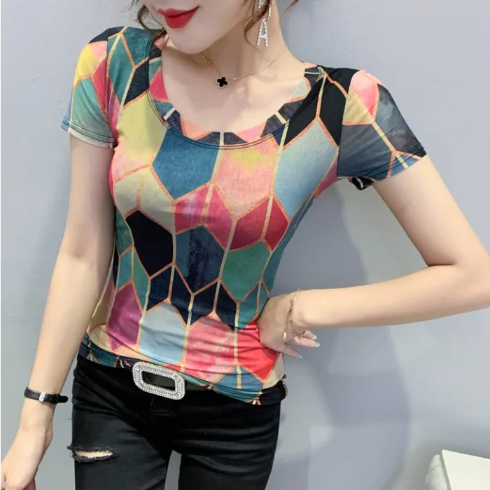 

Faionable Me T-irt Women's ort Sve Printed Slimming Top Street Sle round Ne Geometric Pattern Polyester Fabric