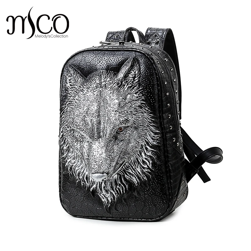 MCO Women 3D Embossed Rivet Wild Wolf Unisex Leather Backpack Leisure Bagpak Large Capacity Travel School Laptop Bags Rucksack