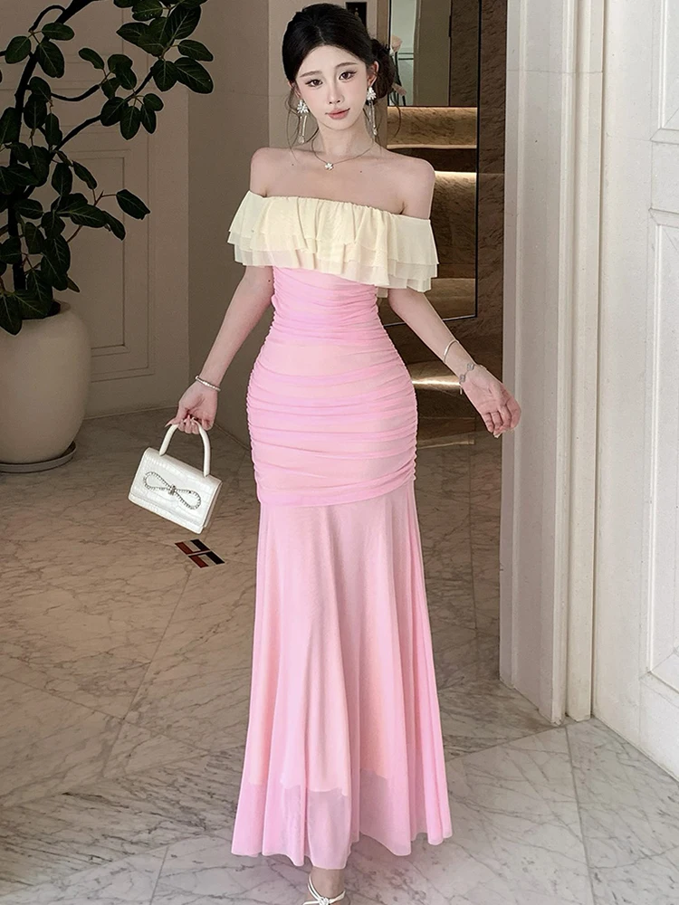 Summer Pink Mesh Patchwork White Ruffled Slash Neck Dress 2026 Korean Vintage Luxury Evening Dress Women Elegant Festival Dress