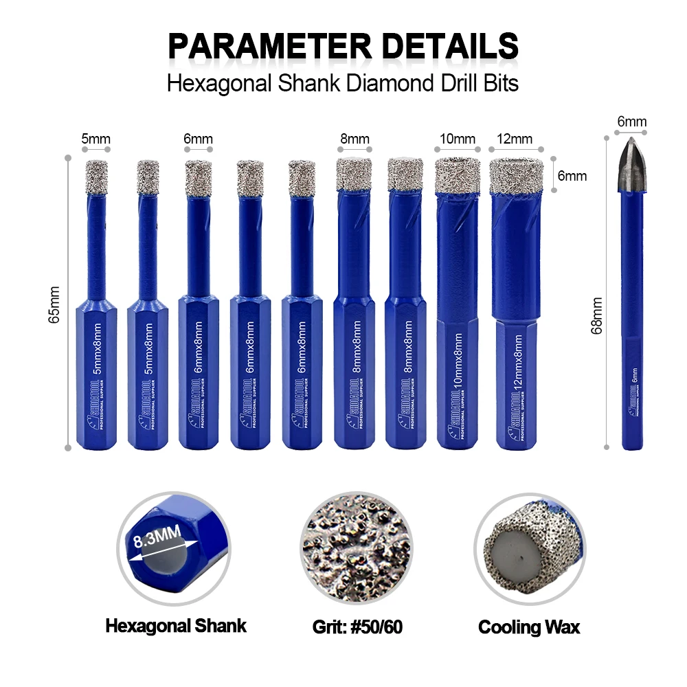 SHDIATOOL-Diamond Drilling Core Bits, Hexagonal Buraco Saw Opener, Porcelanato, Granito, Mármore, Coroas de cerâmica, cortador, 5-12mm