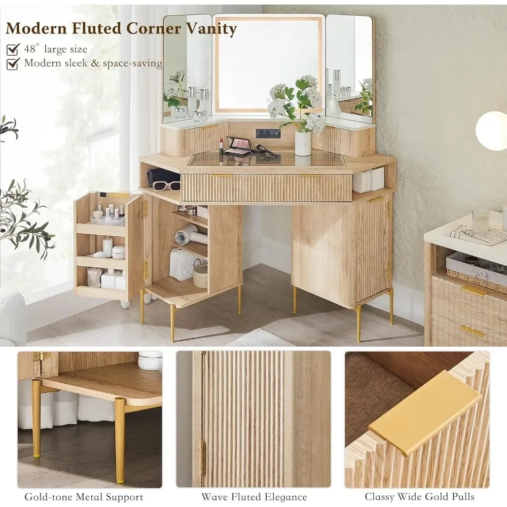 Meja Rias Rias Seruling 48'' dengan Cermin dan Lampu Tiga HD, Meja Rias Sudut Berlampu Besar dengan Bagian Atas Kaca, Meja Rias Modern