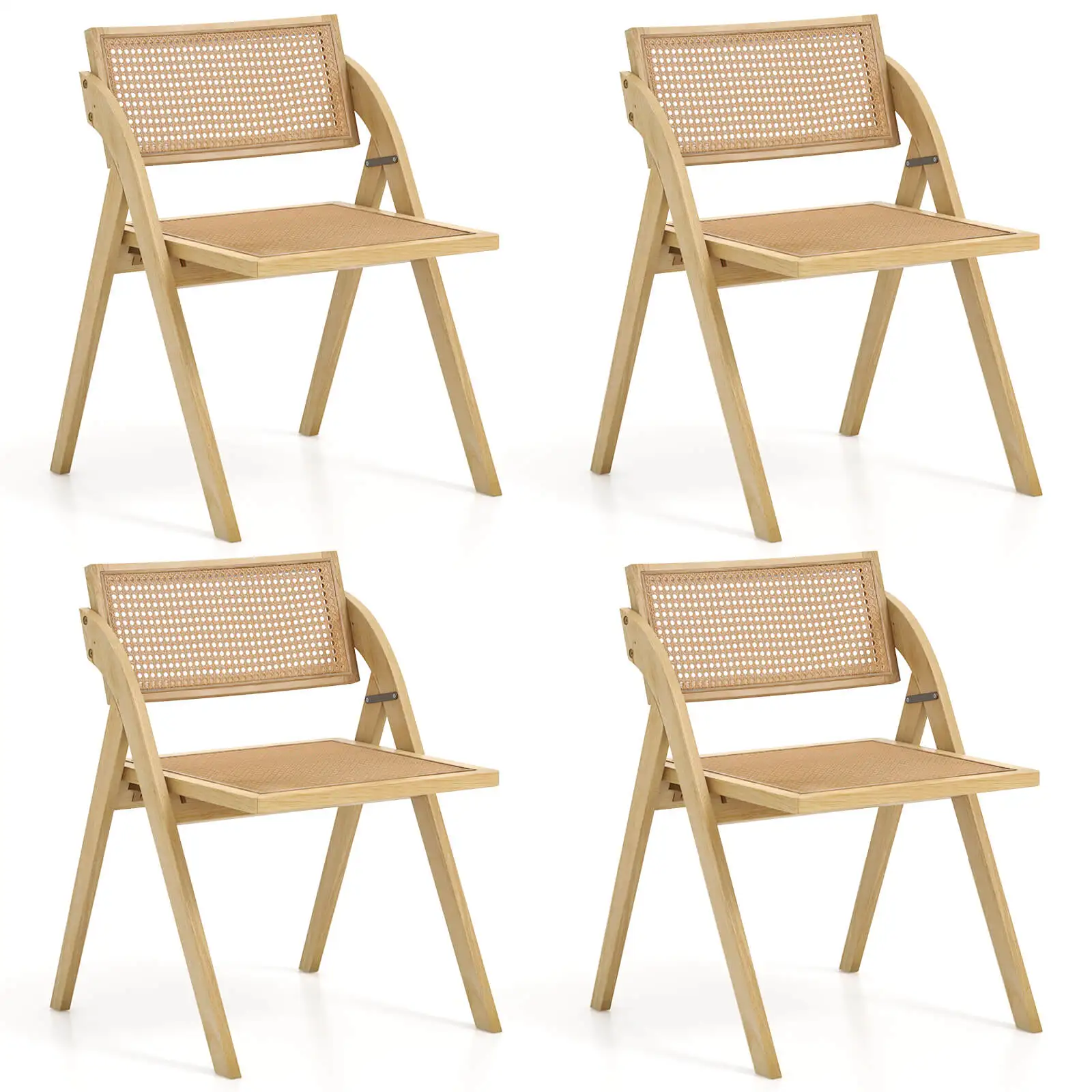 Foldable Dining Chairs Set of 4 w/Woven Rattan Backrest & Seat Rubber Wood Frame