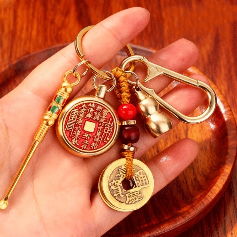 2026 Chinese Style Lucky Keychain For Car Pendant Bag Decor Daily Carry With Brass Gourd Ear Pick Fu Amulet Mountain Ghost Coin
